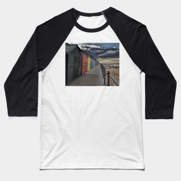 Mundesley Beach Huts Baseball T-Shirt by avrilharris